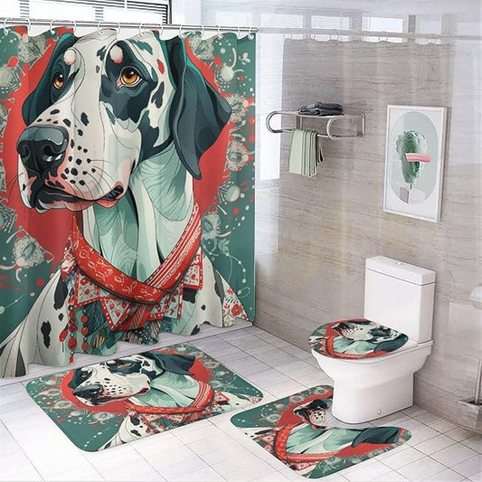 Great Dane Dog Colorful Shower Curtain 4 Piece Set Shower Curtain and Rugs Shower Curtain Set Dog Lovers Gift Waterproof Shower Curtain for Bathtub Decor Merry Christmas Shower Curtain Set