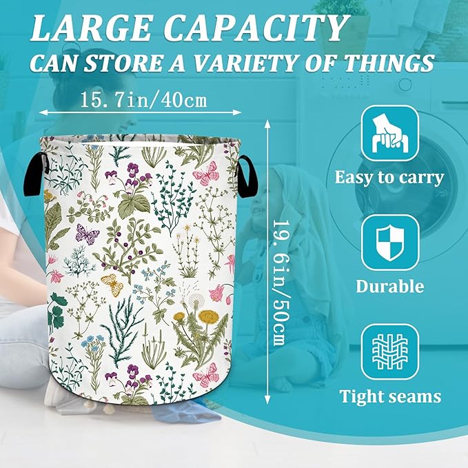 Vintage Floral Laundry Basket, Plants Herbs Flower Laundry Hamper Foldable Waterproof Funny Tote Bag Dirty Clothes Storage Bucket Toy Organizer for Bathroom/Laundry/Bedroom 15.7"x19.6"