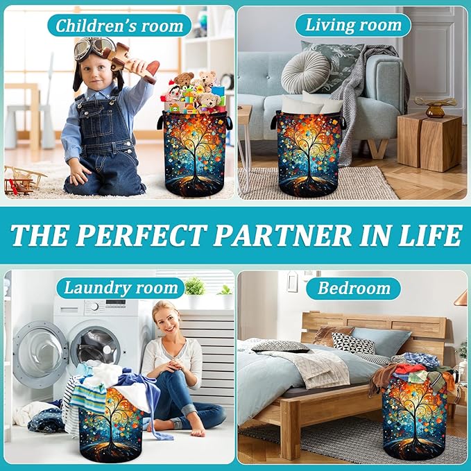 Colorful Love Tree Laundry Basket, Foldable Waterproof Oxford Cloth Spring Laundry Hamper Funny Tote Bag Dirty Clothes Storage Bucket Toy Organizer for Bathroom/Laundry/Bedroom 15.7"x19.6"