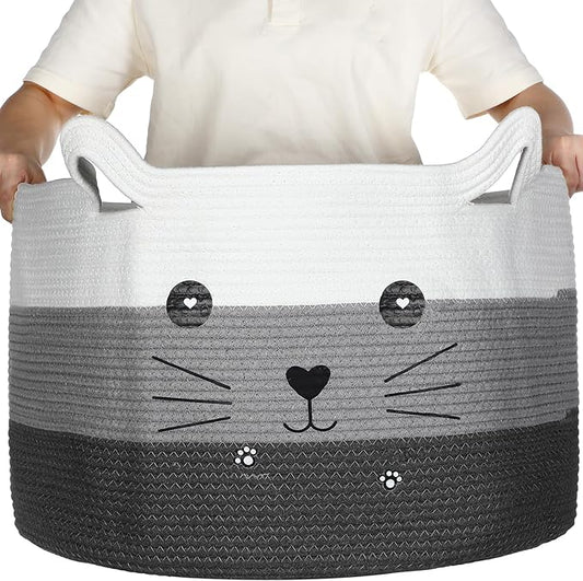 Zopeal Cat Basket Storage Woven Organizer with Ears Christmas Decorative Pet Toy Cute Cotton Rope Basket for Gift Cat Dog Toy Bin Nursery Room(21.7 x 13.8 Inch,White, Light Gray and Gray)