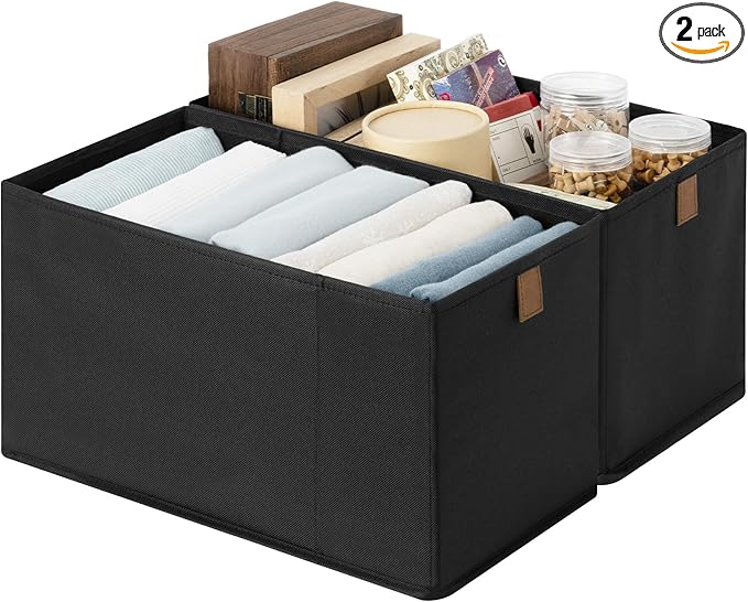 StorageWorks Narrow Baskets for Storage, Fabric Storage Bins, Small Baskets for Organizing with PU Handle, Great for Clothes, Books, and Laundry Items, Black, 2-Pack