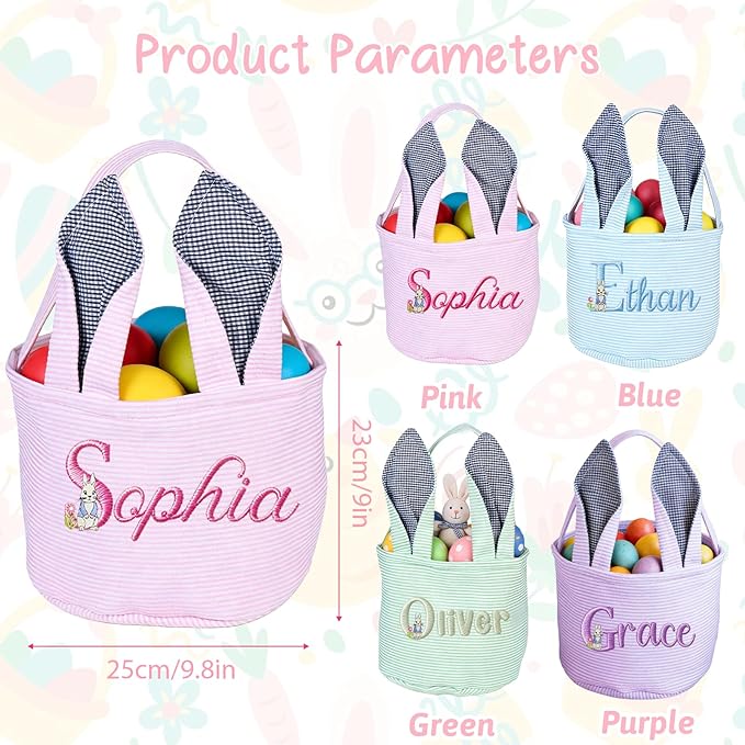 Personalized Easter Embroidered Basket with Name, Custom Seersucker Bunny Easter Egg Hunt Baskets for Kids, Monogram Cute Party Candy Bag with Handles, First Easter Gifts for Baby Girls Boys