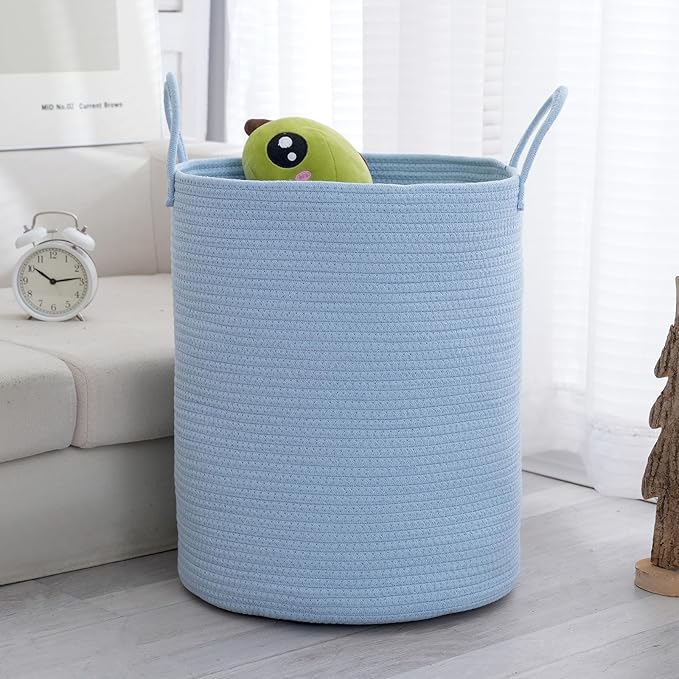Woven Basket Nursery Laundry Hamper with Handles, Clothes Storage Organizer, Woven Basket for Boy Room Decor, Toy & Blanket Storage Bin, 15x15x18 Inch,Blue,1pc