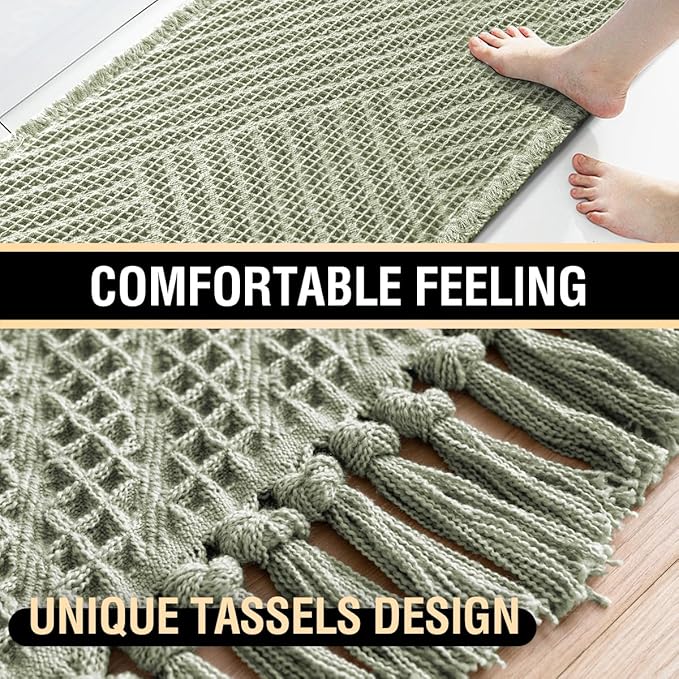 H.VERSAILTEX Waffle Bath Mat Super Absorbent Boho Bath Mat Non Slip Bath Rugs for Bathroom Floor Machine Washable Dry Fast Bathroom Rugs with Tassels (17 x 24 Plus 17 x 24 Inches, Sage)