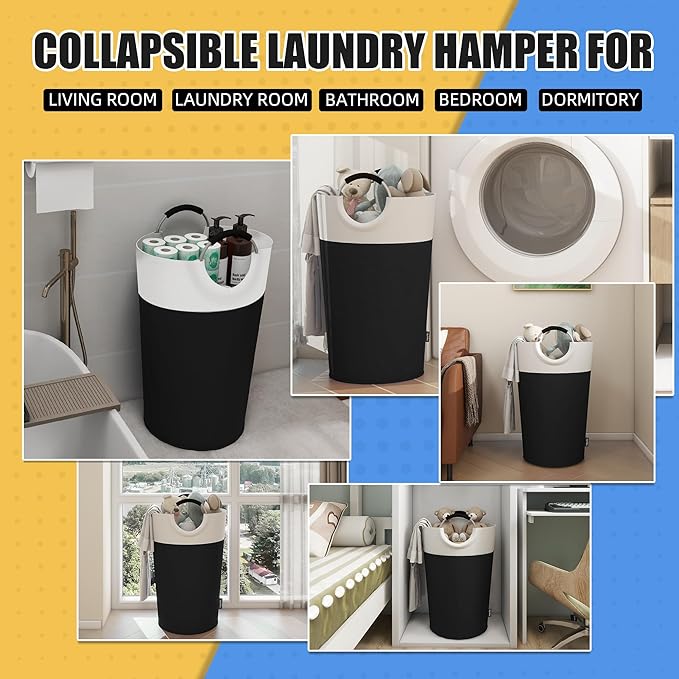 90L Laundry Basket, Collapsible Laundry Hamper with Padded Handles, Waterproof Laundry Bag, Tall Clothes Hamper Stand Up Well, Foldable Laundry Baskets for Easy Storage(Black)