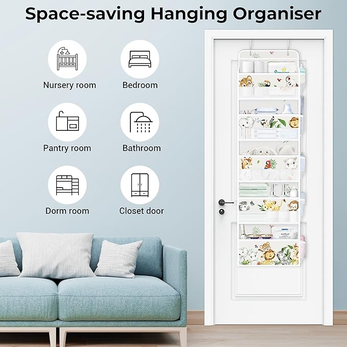 Clastyle Elephant Lion Kid Over The Door Organizer Storage Tropical Leaf 5 Shelves Closet Nursery Hanging Shelves Clothes Diaper Stuffed Animal Toy Storage for Newborn Baby Essential
