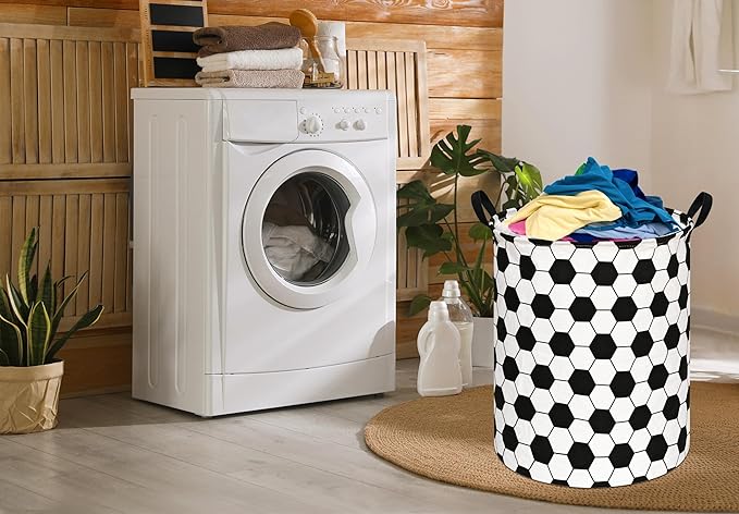 19.7 Inch Round Laundry Clothes Hamper Laundry Basket with Handles,Storage Organizer Bins Laundry Gift Basket for Room, Bedroom Decor (Football)