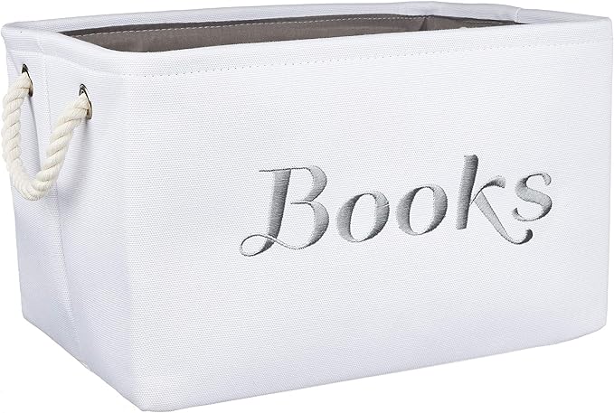 APPLE PIE ORDER Nursery basket, Storage & organizer Bin for Baby, Diapers, Wipes, Books, Toys. White Canvas fabric Decorative Box with Embroidering. (Books - Gray, Medium)