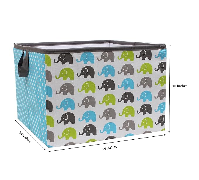 Bacati - Large Storage Tote Elephants Aqua/Lime/Grey 14 x 14 x 10 inches