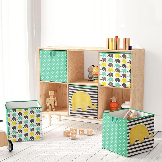 Bacati - Small Storage Tote Elephants Mint/Yellow/Grey 10 x 10 x 10 inches