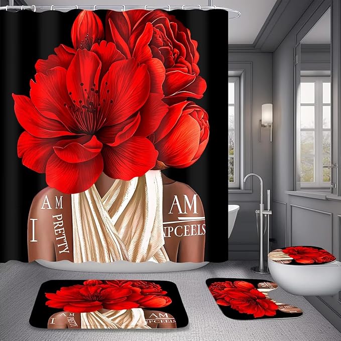 4 Pcs Valentines Red Girl Shower Curtain Sets African American Woman Rose Floral Quotes Non-Slip Rugs Bath Mat Toilet Cover U Shaped Mat Shower Curtain with 12 Hooks Bathroom Set