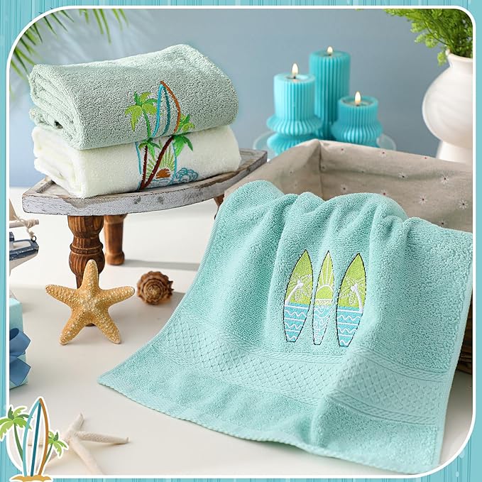 3 Pack Summer Surfboard Hand Towels for Bathroom 100% Cotton Embroidered Beach Bathroom Towels 13.78 x 29.53 Inch Soft Absorbent (Green Series, Surfboard)