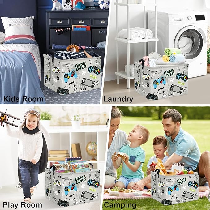 Clastyle Cool Game Storage Basket Kid Game Controller Clothes Laundry Hamper Collapsible Boy Toy Box for Nursery Palyroom,Gray,40 * 30 * 30 cm