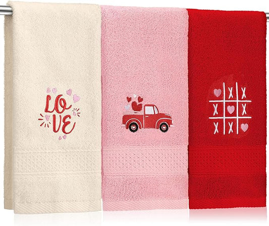 3 Pcs Valentine's Day Hand Towels for Bathroom Love Heart Embroidered Bathroom Towels Valentines Farmhouse 13.78 x 29.53 Inch Absorbent Soft Cotton for Kitchen Dish Fast Drying Decor