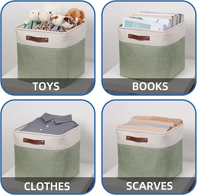 Temary Cube Storage Baskets for Shelves 4pack Fabric Storage Basket for Organizing Clothes, 13 Inch Storage Cubes with Leather Handles, Closet Baskets (White&Green)