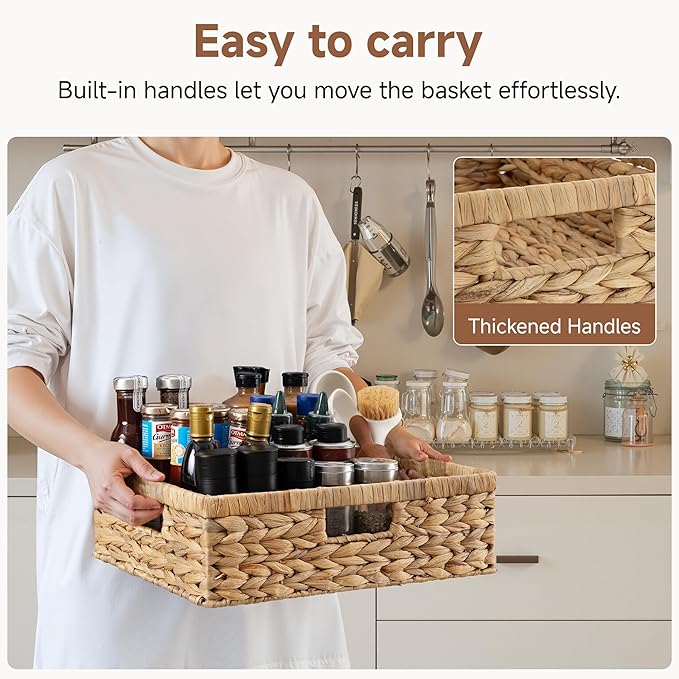 StorageWorks Pantry Baskets, Wicker Storage Baskets for Organizing, Bathroom Shelves, Pantry Organizers and Storage, Water Hyacinth, 15½"L x 11¾"W x 4 ¾"H