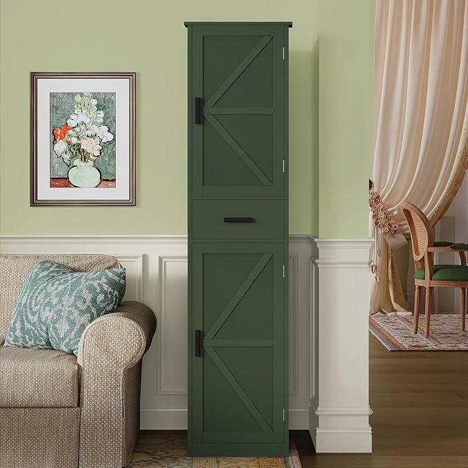 WEENFON Tall Bathroom Cabinet, Storage Cabinet with 6 Shelves & Drawer, Bathroom Storage Cabinet with Adjustable Shelves, Tall Cabinet for Living Room, Home Office, Forset Green
