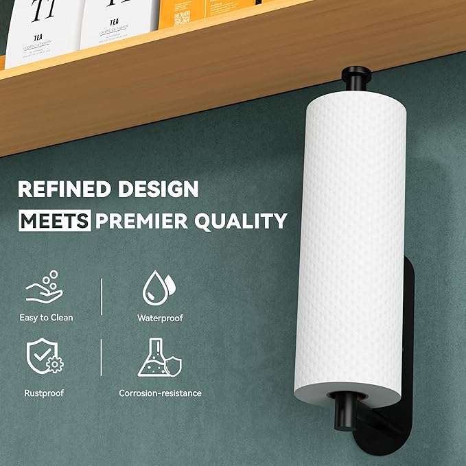 Auxmir Paper Towel Holder Under Cabinet, Self Adhesive Paper Towels Rolls Racks for Kitchen, Wall Mount Thicken Stainless Steel Rustproof, Both Available in Adhesive and Screws for Bathroom RV, Black