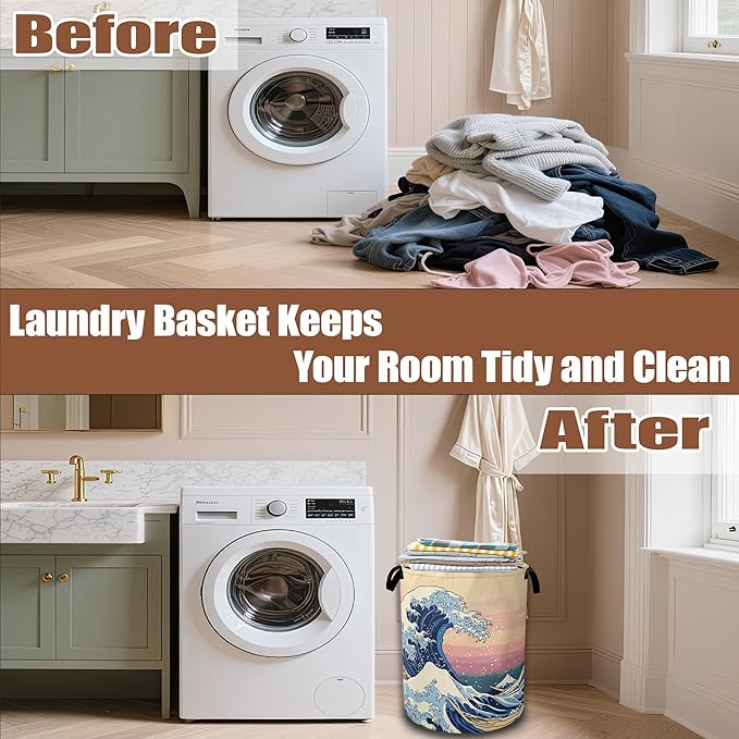 Japanese Ocean Waves Laundry Basket,Waterproof Foldable Laundry Hamper,Dirty Clothes Basket, Linen Bin Storage Organizer Collection 16" x 20.8"