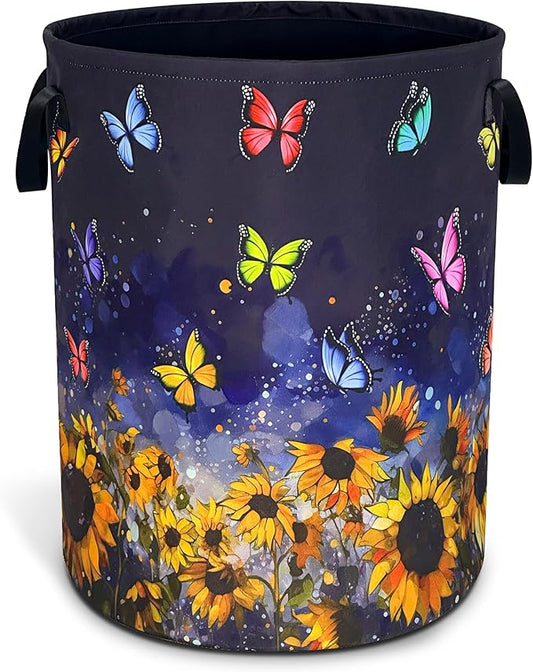 Colorful Butterfly Sunflower Laundry Basket Oxford Cloth Laundry Hamper With Handle Foldable Portable Clothes Storage Basket 18.9 X 16.5 In Storage Bag For Laundry Room/Bathroom/Bedroom/Dormitories