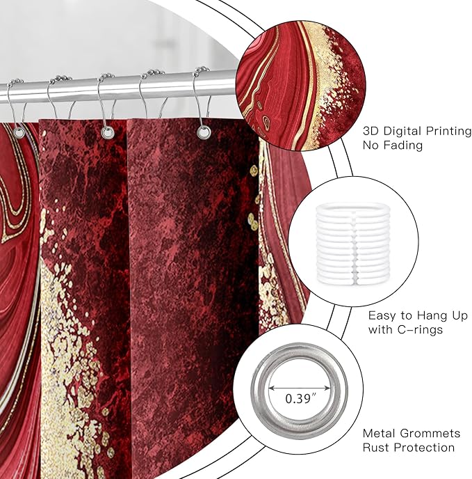 4PCS Red Marble Shower Curtain Sets with Rugs, Abstract Bathroom Sets with Shower Curtain and Rugs, Modern Bathroom Curtains Shower Set with Toilet Lid Cover Accessories for Bathroom Decor