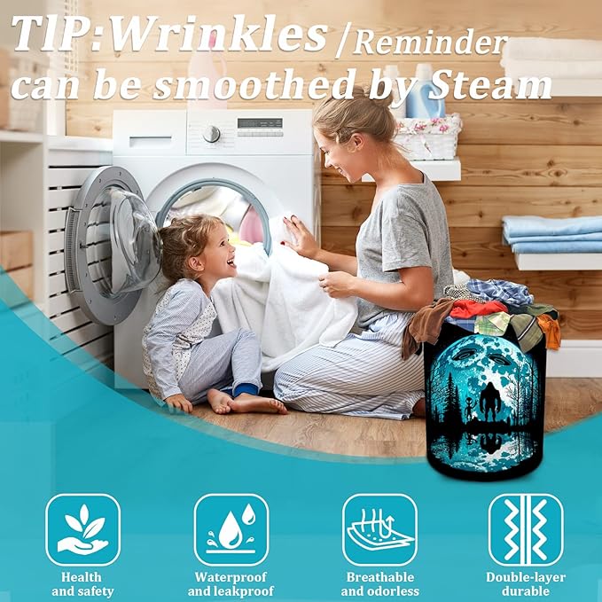 Bigfoot and Alien Laundry Basket, Moon Forest Laundry Hamper Foldable Waterproof Funny Tote Bag Dirty Clothes Storage Bucket Toy Organizer for Bathroom/Laundry/Bedroom 15.7"x19.6"