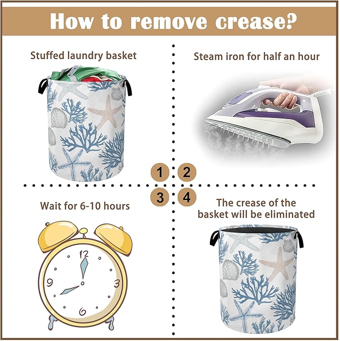 Starfish Seashell Laundry Basket,Coral Collapsible Laundry Baskets with Handles,Waterproof Oxford Cloth Storage Basket 16"x20" for Bathroom/Bedroom/Dormitories