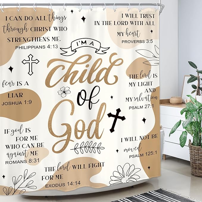 Homewelle Light Brown Abstract Bible Verse Shower Curtain Scripture Christian Boho Mid Century Inspirational Quotes 60Wx72H Inch Minimalist Geometric Plant Waterproof Polyester Fabric Bathroom Bathtub