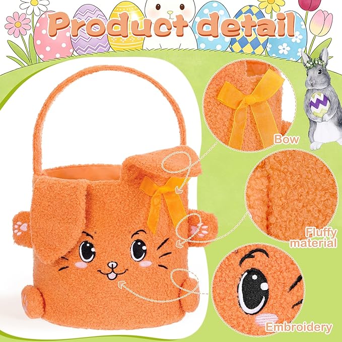 Mimorou 3 Pack Plush Bunny Easter Basket Sherpa Easter Bucket with Rabbit Ears Decorative Bow Large Bunny Tote Bags Ideal for Egg Hunt, Party Favors, Decorations & Storage (Orange Pink and Yellow)