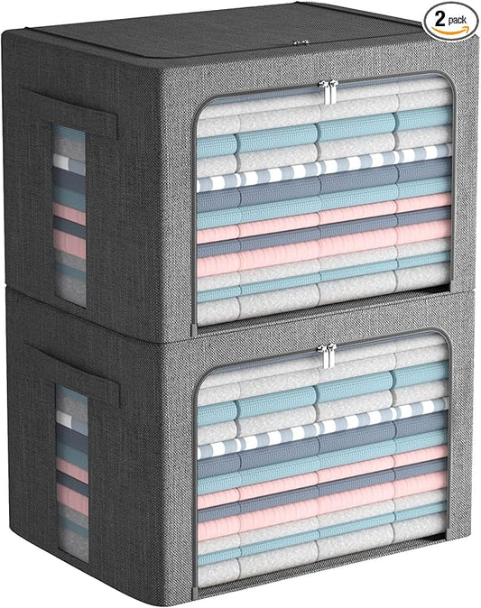 FHSQX 2 Pack Clear Window Storage Bins Large Foldable Fabric Storage Bins Boxes for Clothes Stackable Organizer Set with Carrying Handles19.7X 15.7X 12.6 Inches