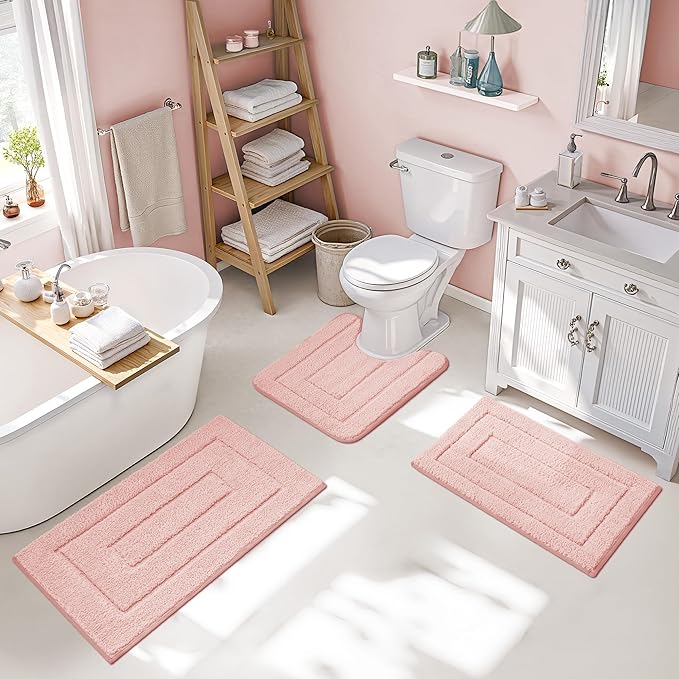 GRANNY SAYS Bathroom Rugs Sets 3 Piece, Soft Absorbent Microfiber Bath Mats for Bathroom Non Slip Washable, U-Shaped Toilet Bath Rugs for Tub Shower (Pink, 16" x 24" + 20" x 32" + U Shaped 20" x 24")