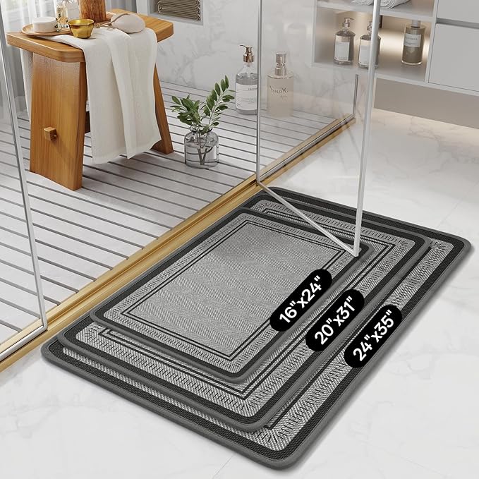 20"×31" Non Slip Bath Mat with Rubber Backing, Absorbent Quick Dry Bath Mats Washable, Low Pile Bathroom Rugs Fit Under Door for Bathroom Floor, Shower and Sink, Grey