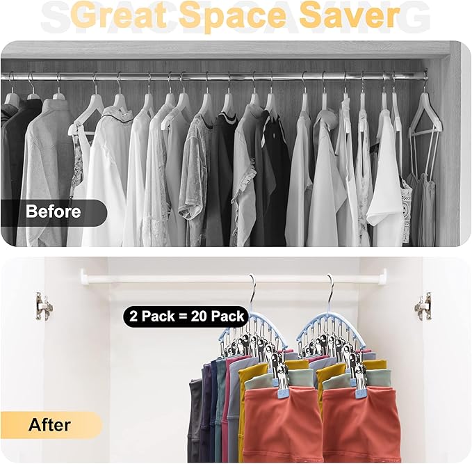 Legging Organizer for Closet, Metal Yoga Pants Hanger w/Rubber Coated 4 Pack w/10 Clips Hold 40 Leggings, Hangers Space Saving Hanging for Closet Organizers and Storage, Blue