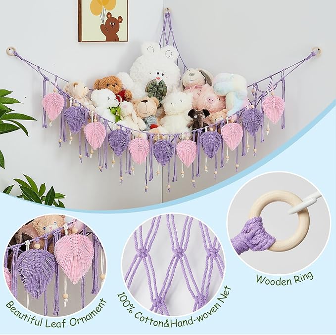 Pretty Jolly Macrame Stuffed Animal Hammock with Beads Hand Woven Leaf Tassels Corner Hanging Net Boho Plush Holder for Toys Kid Room Nursery Decor Easy Install Organizer for Girls Gift(Purple)