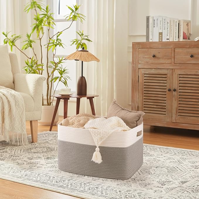 75L Large Blanket Basket, Toy Basket Bin for Kids, Cotton Rope Woven Storage Baskets for Living Room, Bedroom, Nursery, Baby Room Decorative Organizer, 22''×17''×12'', Grey and White