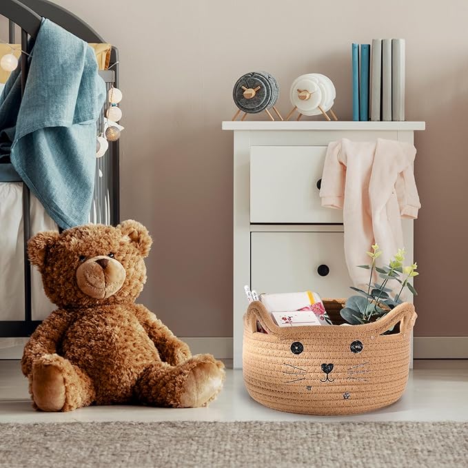 Zopeal Cat Basket Storage Woven Organizer with Ears Christmas Decorative Pet Toy Cute Cotton Rope Basket for Gift Cat Dog Toy Bin Nursery Room(13.7 x 7.8 Inch,Khaki)