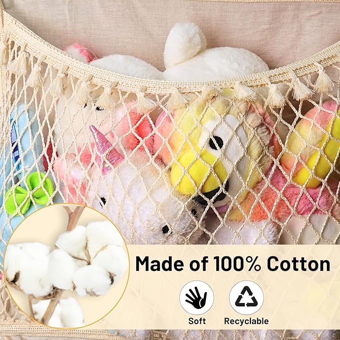 Over The Door Stuffed Animal Storage, Cotton Toy Organizer for Storage Plush Toys,Baby Supplies, Stuffed Animal Holder with 4 Large Pockets, Hanging Door Organizer for Nursery, Bedroom (Tassel)