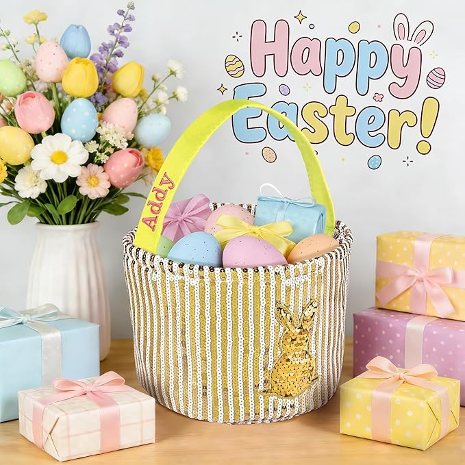 Personalized Easter Basket for Kids, Boys & Girls – Ideal for Egg Hunting & Easter Gift Storage (Yellow Sequin Bunny Basket)