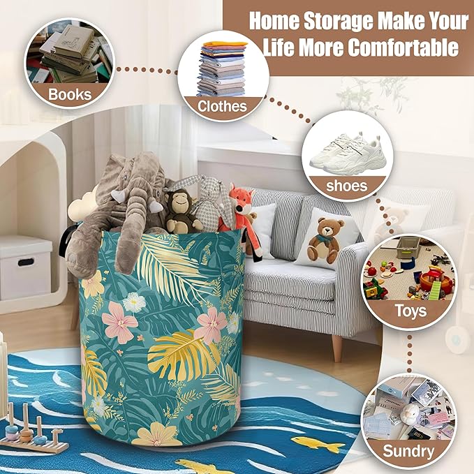 Hawaiian Laundry Hamper, Tropical Palm Leaves Collapsible Laundry Baskets Waterproof Oxford Cloth With Handles,Clothes Storage Bucket Toy Organizer For Bathroom/Nursery/Bedroom 16" x 20.8"