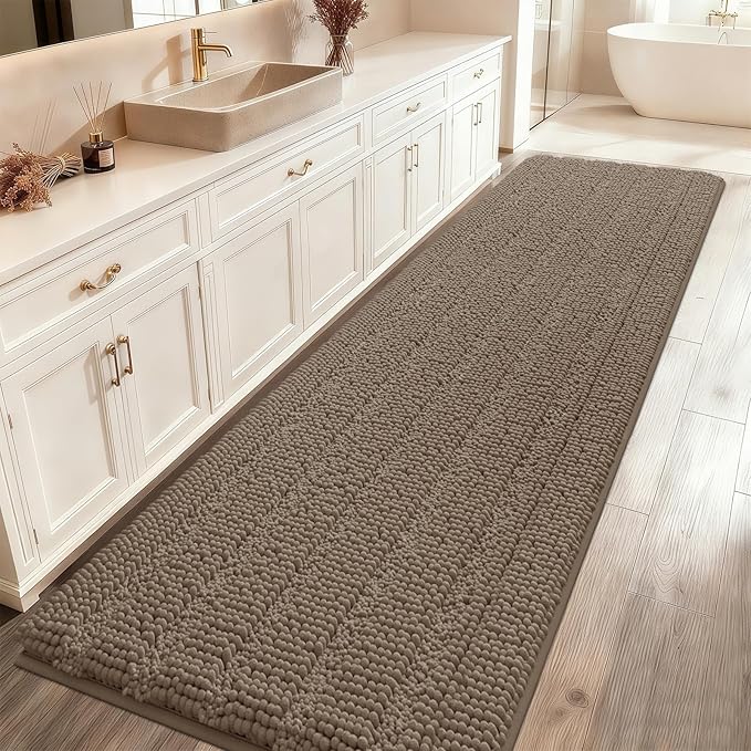 ACCUMTEK Extra Long Striped Dark Beige Bathroom Rug Mat 70"x24" Ultra Soft, Non Slip Chenille Bath Rugs, Absorbent Plush Shaggy Bath Mats for Bathroom, Bedroom, Kitchen, Shower, Tub,Taupe