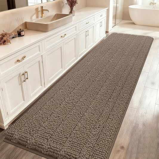 ACCUMTEK Extra Long Striped Dark Beige Bathroom Rug Mat 70"x24" Ultra Soft, Non Slip Chenille Bath Rugs, Absorbent Plush Shaggy Bath Mats for Bathroom, Bedroom, Kitchen, Shower, Tub,Taupe