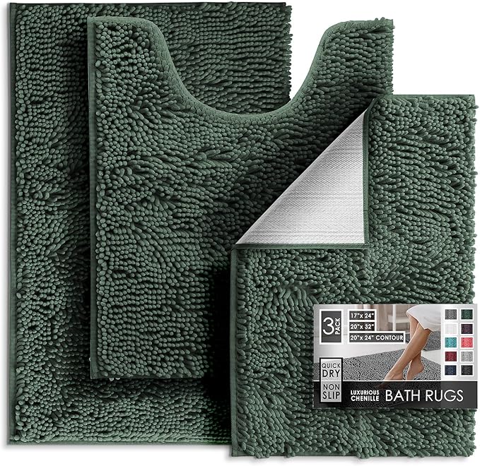 Hearth & Harbor Bathroom Rugs, Chenille Bath Mat - Machine Washable Bath Mats for Bathroom Non-Slip Backing Rubber, Quick Dry Mat - Hunter Green Bath Rug, 17x24-20x32-20x24