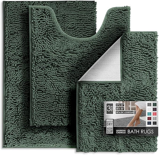 Hearth & Harbor Bathroom Rugs, Chenille Bath Mat - Machine Washable Bath Mats for Bathroom Non-Slip Backing Rubber, Quick Dry Mat - Hunter Green Bath Rug, 17x24-20x32-20x24