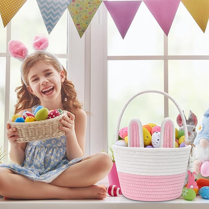 Easter Baskets for Kids, Pink Small Woven Rope Bunny Personalized Easter Basket Empty with Handle, Basket Name Tag, Baby Egg Easter Baskets Gifts for Girls Boys Toddler Babies, 8.7" x 6.9" x 6.3"