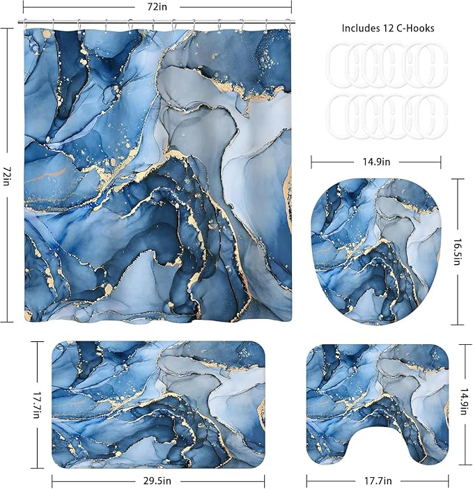 4 Pcs Blue Marble Shower Curtain Sets with Rugs Gold Bathroom Sets with Shower Curtain and Rugs Modern Abstract Bathroom Decor Accessories Shower Curtains for Bathroom Toilet Lid Cover