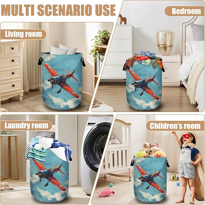 Vintage Airplane Laundry Basket, Foldable Laundry Hamper Tote Bag Dirty Clothes Storage Bucket Toy Organizer for Bathroom/Laundry/Bedroom 15.7"x19.6"