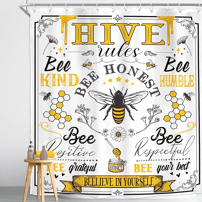 Homewelle Black Yellow Bee Quotes Shower Curtain Vintage Rustic Inspirational Motivational Words Retro Floral Flower Plant Honeycomb 72Wx72H Inch Farmhouse Waterproof Polyester Fabric Bathroom Bathtub
