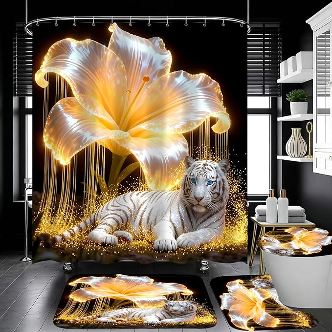 4 Piece Black and Gold Shower Curtain Set with Rugs, Majestic White Tiger & Glowing Golden Lily Floral Art, Luxury Waterproof Fabric Bathroom Decor, Non-Slip Bath Mats & Toilet Lid Cover