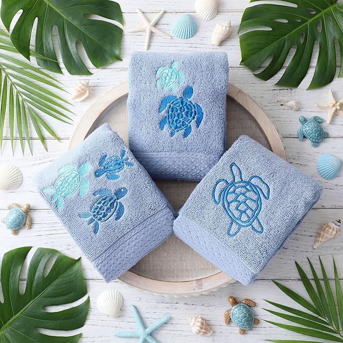 3 Pack Sea Turtle Coastal Hand Towels for Bathroom 100% Cotton Embroidered Beach Bathroom Towels 13.78 x 29.53 Inch Soft Absorbent Ocean Turtle Bath Towel Gift for Holiday Summer, Blue