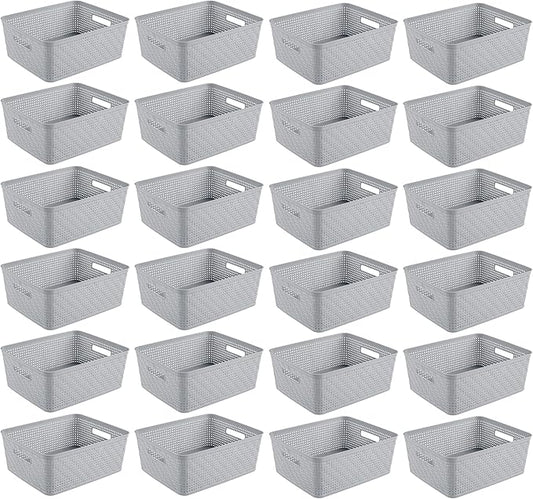 Sterilite 24 Pack Plastic Storage Bin Organization Containers, Short Baskets, Cement